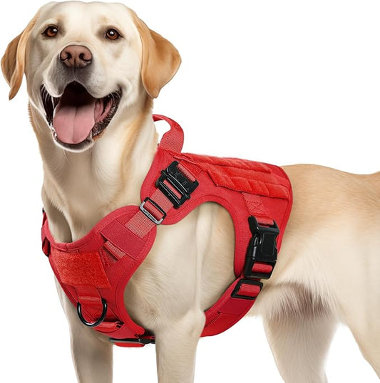rabbitgoo Tactical Dog Harness for Large Dogs, Heavy Duty Dog Harness with Handle, No-Pull Service Dog Vest Large Breed, Adjustable Military Dog Vest Harness for Training Hunting Walking, Red, M