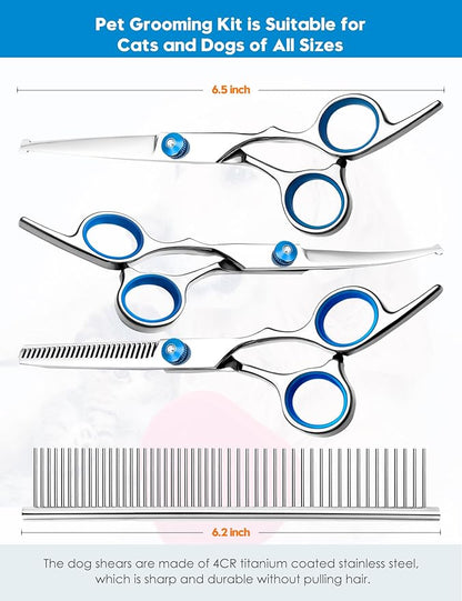 SUMFREY Dog Grooming Scissors with Safety Round Tips，Professional 5 in 1 Dog Grooming Kit ，Dog Scissors for Grooming Sharp and Durable, DGS001