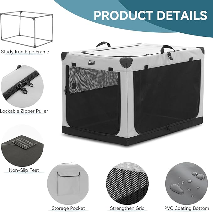 PETSFIT Travel Dog Crate, with Patented Adjustable Fabric Cover, Chewproof & Lockable Mesh Doors, Waterproof Base Soft Sided Kennel Grey 40 Inch