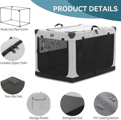 PETSFIT Travel Dog Crate, with Patented Adjustable Fabric Cover, Chewproof & Lockable Mesh Doors, Waterproof Base Soft Sided Kennel Grey 40 Inch