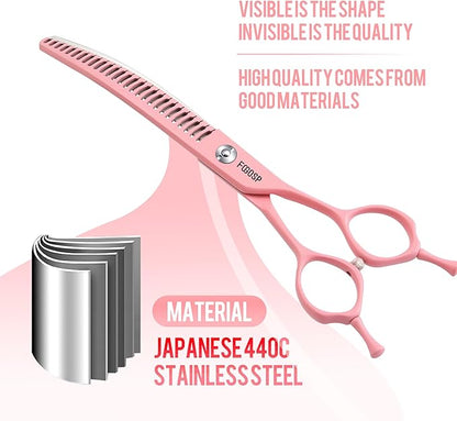 Curved Chunkers Dog Grooming Scissors 7.5" Macarone Series Professional Pet Grooming Shears for Large Dogs Pets Japan 440C Stainless Steel Sharp & Durable(Pink, 30Teeth Curved Thinners)