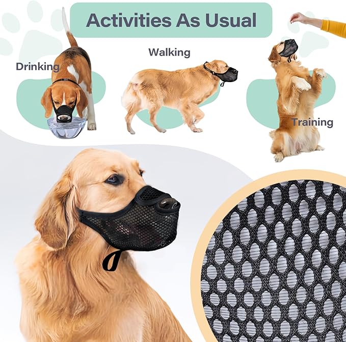 LUCKYPAW Dog Muzzle for Large Medium Small Dogs, Mesh Muzzle for Dog to Prevent Biting Chewing Licking Eating, Soft Dog Muzzle with Front Opening Design for Drinking Panting (Black, S)