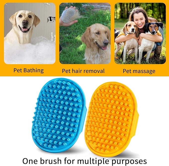Dog Bath Brush | Grooming Brush & Shampoo Massage Comb with Adjustable Loop Handle for Short & Long Hair Cats & Dogs, 2pcs(Plum, Blue + Orange)
