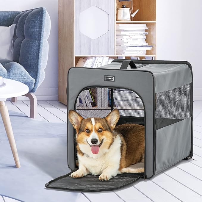 PETSFIT Portable Dog Crate, Travel Dog Crate - 24 Inch with Thicken Mat, Easy to Fold, Sturdy and Portable, Perfect for Traveling, Soft Dog Kennel Grey