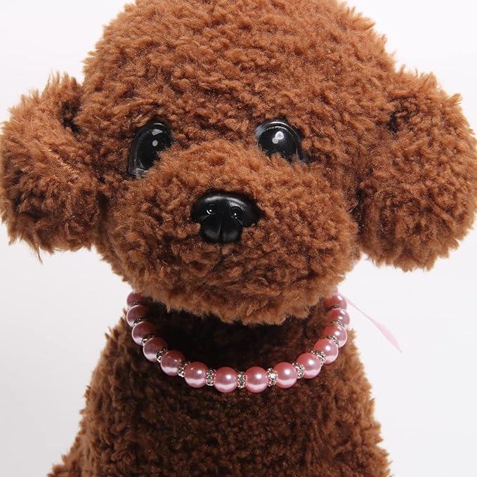 Dog Cat Pearls Necklace Collar with Bling Accessories and Ribbon Bow Pet Puppy Jewelry for Female Dogs Cats Small Medium (M, Pink)