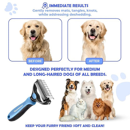 Undercoat Rake for Dogs & Cats, Dematting Comb with Extra Wide Double-Sided Stainless Steel Teeth for Detangling, Deshedding, Brushing, Thinning & Removing Shed Fur, Knots, Mats, and Tangles in Pets