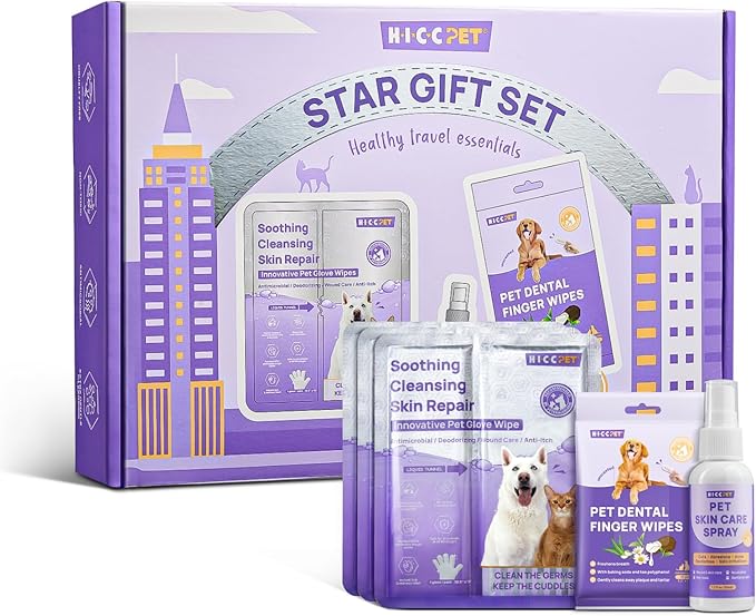 HICC PET Dogs Essential Clean & Care Kit - Pets Hot Spot Treatment & Itch Relief Spray + Cleaning Deodorizing Teeth and Body Wipes for Dogs and Cats - Great for Daily & Travel