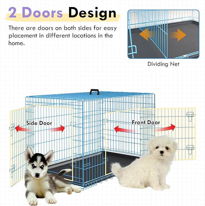 PayLessHere Large Dog Crate Kennel for Medium Large Dogs 24 inches Metal Dog Cage Double-Door Folding Travel Indoor Outdoor Puppy Playpen with Divider and Handle Plastic Tray,Blue