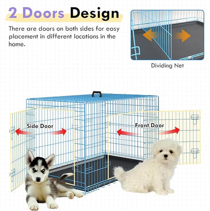 PayLessHere Large Dog Crate Kennel for Medium Large Dogs 24 inches Metal Dog Cage Double-Door Folding Travel Indoor Outdoor Puppy Playpen with Divider and Handle Plastic Tray,Blue