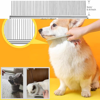 Undercoat Rake for Dogs, 2 Pack Grooming Kit Long Tooth Undercoat Rake + Stainless Steel Dog Comb, Deshedding Tool Set for Husky Long-haired Cats