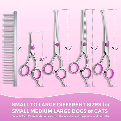 Maxshop Dog Grooming Scissors - 5 Pack Professional Titanium Stainless Steel Dog Scissors Kit Hair Cutting Thinning Shears for Dogs and Cats Heavy Duty Pet Grooming Scissors Set (Pink Set of 5)