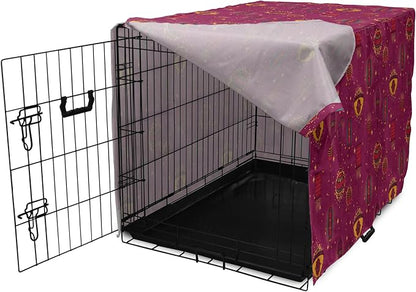 Lunarable Folkloric Dog Crate Cover, Cultural Inspirations Oriental Party Celebration Art Traditional Design, Easy to Use Pet Kennel Cover for Small Dogs Puppies Kittens, 18 Inch, Magenta and Yellow
