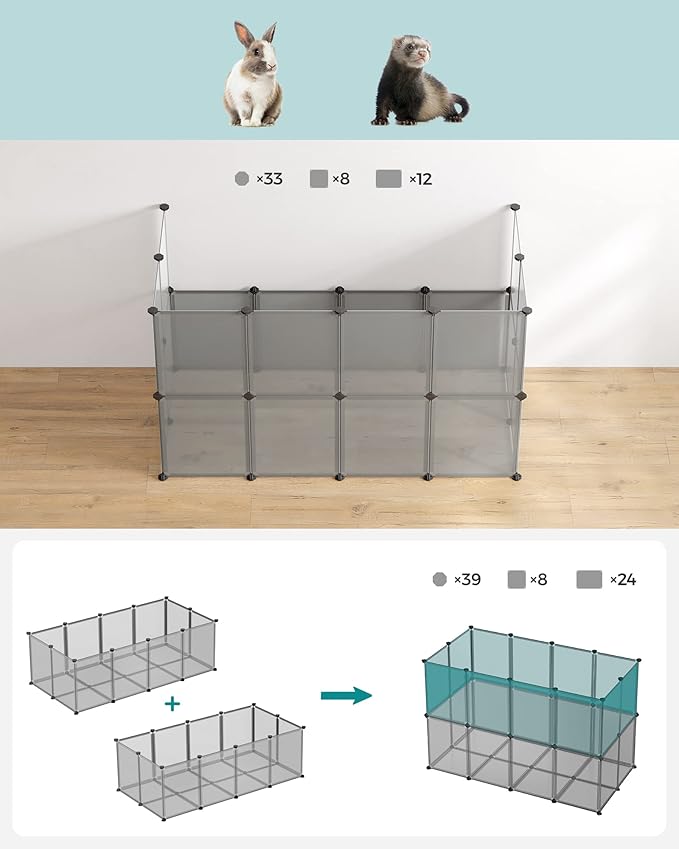 SONGMICS 20 Panels Pet Playpen with Floor, Small Animal Playpen, Pet Fence Indoor, DIY Plastic Enclosure for Guinea Pigs, Bunny, Hamsters, Hedgehogs, 56.3 x 28.7 x 18.1 Inches, Gray ULPC002G01