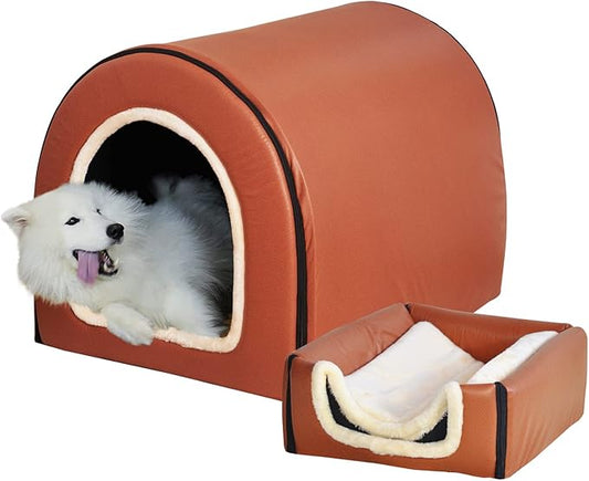 Dog Bed,2 Ways to Use,Indoor Pet House with Fluffy Mat,Removable and Washable Cover,Splash-Proof House and Non-Slip Bottom,for Extra Large Dogs(3XL Brown Faux Leather)