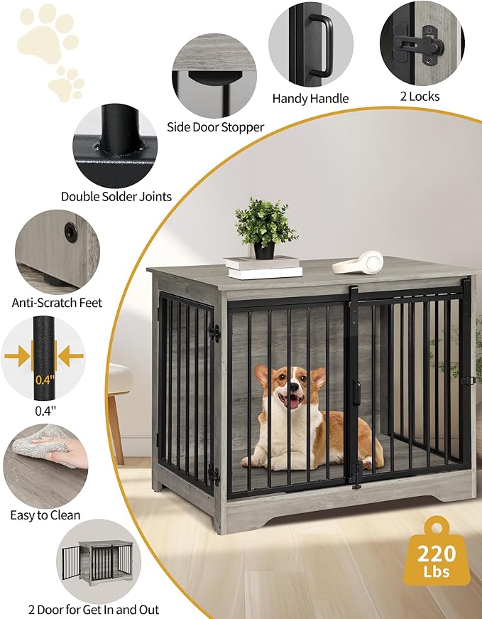 Dog Crate Furniture, 32" Double Door Dog Crate with Barn Door, Dog Kennel Indoor, End Side Table Wooden Dog Crates for Small Medium Large Dogs, Anti-Chew Anti-Escape, Greige DFC83605B