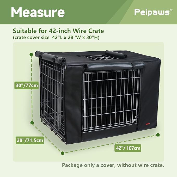 Dog Crate Cover 42 Inch - Waterproof Kennel Cover with Top Window, 600D Oxford Fabric Dog Cage Cover Fit for Most Double Door Wire Crate, Unique Drinking Hole Design, Black (Cover Only)