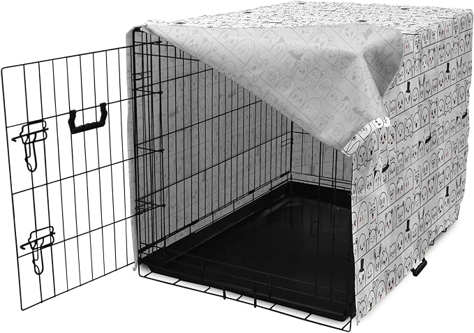 Lunarable Cartoon Dog Crate Cover, Funny Creatures and Monsters Doodle Faces in Manga Style Emotions, Easy to Use Pet Kennel Cover for Small Dogs Puppies Kittens, 22 Inch, Charcoal Grey Coral White