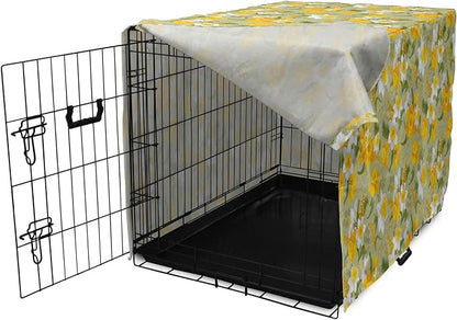 Lunarable Daffodil Dog Crate Cover, Vintage Inspirations Floral Arrangement Pattern Romantic Bouquet Nature, Easy to Use Pet Kennel Cover for Cats & Medium Dogs, 24 Inch, Green Marigold White