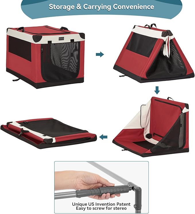 PETSFIT Soft Sided Dog Crate, with Patented Adjustable Fabric Cover, Chewproof & Lockable Mesh Doors, Waterproof Base Collapsible Kennel Red 30 Inch