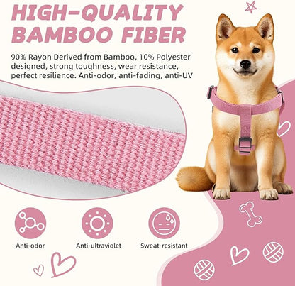 Dog Harness and Leash Set for Medium Dogs Soft Natural Bamboo Fabric, No Pull Dog Harness, Step-in Adjustable Dog Leash, Dog Harness and Leash Set for Medium Dogs-Pink