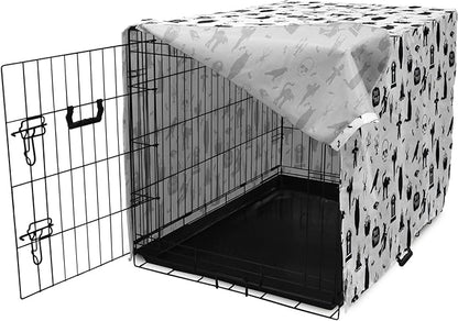 Lunarable Halloween Dog Crate Cover, Horror Pattern Tombstone Kitty Owl Voodoo Trick or Treat Pumpkin, Easy to Use Pet Kennel Cover for Medium Large Dogs, 48 Inch, Grey Black Charcoal
