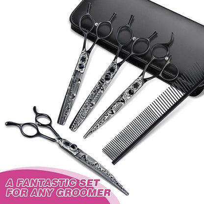 JASON Dog Grooming Scissors Kit, Professional 6 in 1 Dog Scissors Set - Thinning Shear, Straight Scissor, Dog Chunker, Down-curved Shears and Comb for Dog Cat Pet (Black, 8")