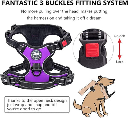 PoyPet Dog Harness No Pull, Reflective Adjustable No Choke Pet Vest with Front & Back Clips, Soft Padded and Control Training Handle for Large Dogs(Purple,XL)