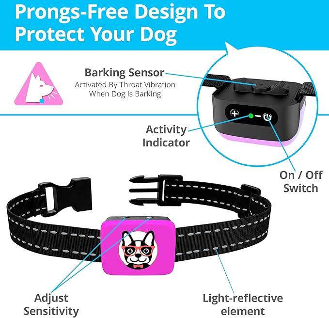 Small Dog Bark Collar Rechargeable - Smallest Bark Collar for Small Dogs 5-15lbs - Most Humane Stop Barking Collar - Dog Training No Shock Anti Bark Collar - Pet Bark Control Device (Pink)