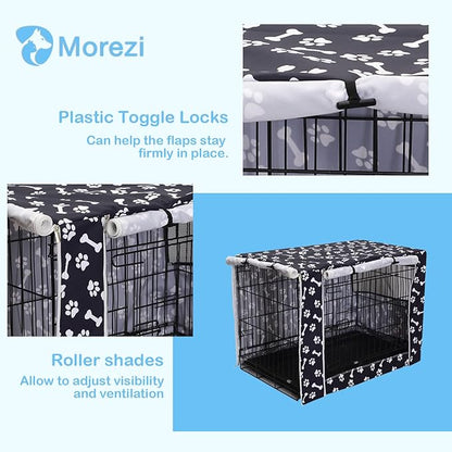 Morezi Dog Crate Cover for Wire Crates,Cage, Heavy Nylon Durable Waterproof Windproof Pet Kennel Cover Indoor Outdoor Protection - Cover only - Black Paw Bone - Large