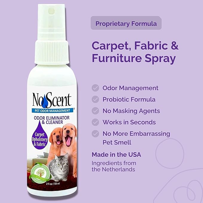 No Scent Carpet Upholstery & Fabric Furniture Spray Spot Cleaner for Wet Dog Smell, Cat Spray, Pet Odor, Urine, Poop & Secretions (2 Fl Oz / 59 mL)