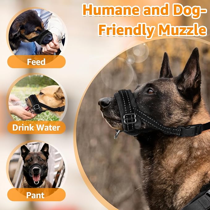 SlowTon Soft Dog Muzzle, Adjustable Padded Nylon Muzzle for Large Medium Dogs Anti Chewing Barking Biting, Allow Dog Pant & Drink (Black, L)
