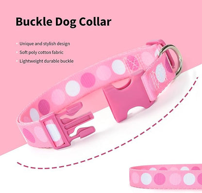 Mile High Life Dog Collar | Cute Puppy Collars | Lightweight Girl Dog Collar | Soft Boy Dog Collars | w Geometric Plaid Wave Line Pattern (Pink Big Dots, Medium)