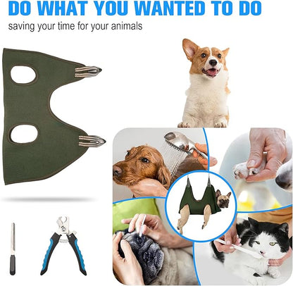 10 in 1 Pet Grooming Hammock Harness with Trim/Dog Grooming Sling for Nail Clipping (M/Under 45lb, Khaki Green)