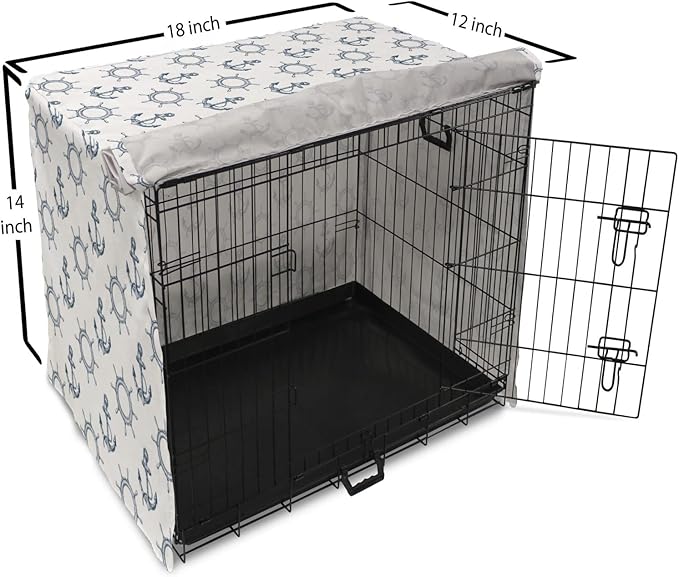 Lunarable Nautical Dog Crate Cover, Marine Elements Anchor Ship Wheel Wind Rose Sailing into The Ocean Theme, Easy to Use Pet Kennel Cover for Small Dogs Puppies Kittens, 18 Inch, Night Blue White