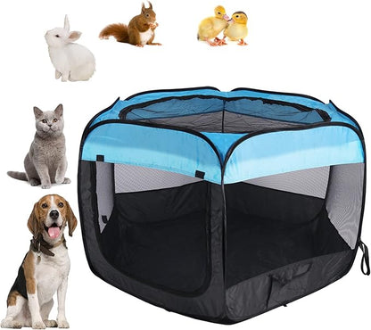 Portable Dog Playpen Cat Tent,Pop Up Playpen for Small Middle Dogs Cats Pet Tent Playground, Indoor Outdoor,47x47x30,Blue/Black,1Pack