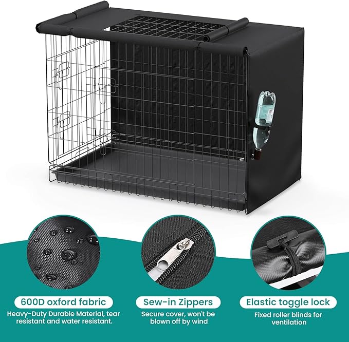 Dog Crate Cover - Privacy Kennel Cover Fits 36 inch Double Door Wire Crate, Heavy Duty 600D Oxford Fabric Dog Cage Cover with Top Window and Drinking Hole Design, Black, (Cover Only)