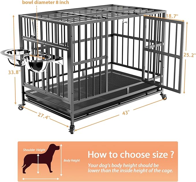 LOVMOR 43" Heavy Duty Dog Crate with Unique Air Lift Rod/Wheels/ 360° & Adjustable 2 Bowls, Extra Medium Dog Crate