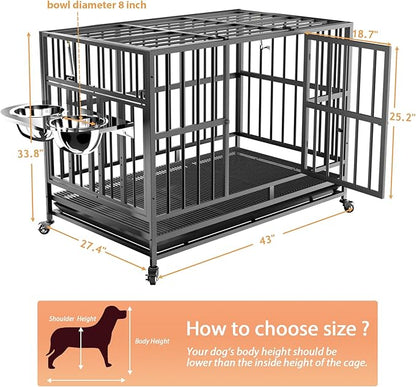LOVMOR 43" Heavy Duty Dog Crate with Unique Air Lift Rod/Wheels/ 360° & Adjustable 2 Bowls, Extra Medium Dog Crate