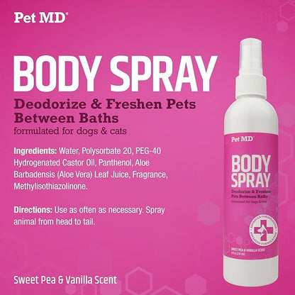 Pet MD Body Spray for Dogs & Cats, Deodorizing Dog Perfume Eliminates Odor, Long-Lasting Pet Cologne Spray for Dogs, Sweet Pea & Vanilla Scent