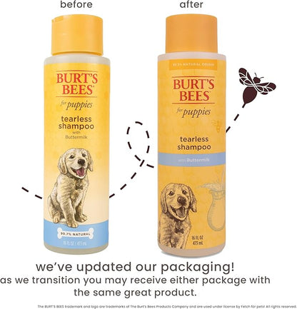 Burt's Bees for Pets Tearless Puppy Shampoo with Buttermilk, 95% Natural Origin Formulas, Shampoo for Puppies - Gentle Dog and Puppy Shampoo Tear Free, Best Puppy Shampoo Tearless, 16 oz