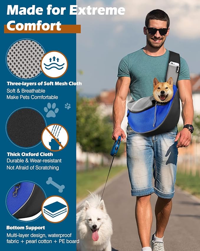 Pawaboo Dog Sling Carrier, Dog Papoose with Zipper Touch Pocket, Hand Free Breathable Mesh Puppy Carrier, Crossbody Satchel Dog Purse with Adjustable Strap for Outdoor Travel, Blue, Medium