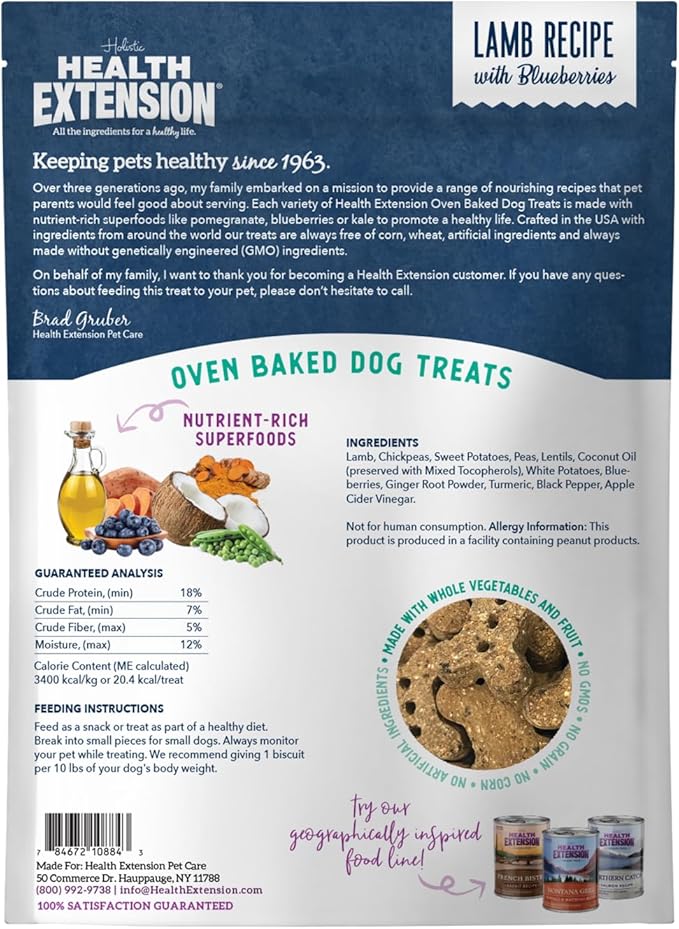 Health Extension Oven-Baked Dog Treats, 6oz (170g), Lamb & Blueberry Recipe – Gluten & Grain-Free, Superfood-Infused, Crunchy Biscuits for Puppy Training (Pack of 6)