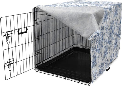 Lunarable Flowers Dog Crate Cover, Floral Themed Monochromatic Roses Peonies Bells Peas Bouquet Composition, Easy to Use Pet Kennel Cover for Medium Large Dogs, 42 Inch, White Blue