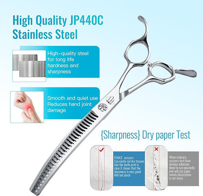 Professional Curved Thinning Scissors for Dog Grooming, 30-Degree Curvature, Japanese 440C for Trimming Dogs Cats and Other Pets face and paws (Curved Chunker)