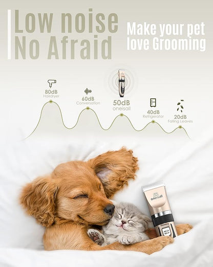 oneisall Dog Clipper Low Noise, Dog Grooming Kit with Rechargeable Quiet Dog Trimmer for Paws Dog Nail Grinder Paw Trimmer with 2 LED Lights