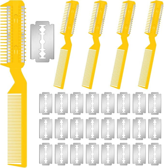 Yinkin 5 Pieces Razor Comb for Dogs Hair Grooming Trimmer for Pet Razor Comb with 25 Extra Blades Manual Dog Hair Trimmer Double Edge for Cats Hair Cutting Tool(Yellow)