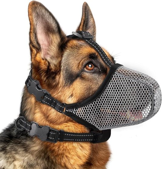 Dog Muzzle,Mesh Soft Muzzle for Small Medium Large Sized Dogs, Breathable Reflective Adjustable Puppy Muzzles with Collar for Scavenging Grooming Biting Chewing,Allows Panting and Drinking(Grey M)