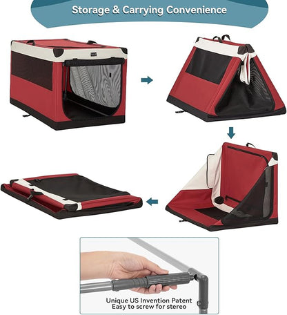 PETSFIT Collapsible Dog Crate, with Patented Adjustable Fabric Cover, Chewproof & Lockable Mesh Doors, Waterproof Base Portable Kennel Red 40 Inch