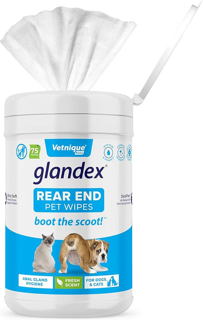 Vetnique Labs Glandex Dog Wipes for Pets Cleansing & Deodorizing Anal Gland Hygienic Dog & Cat Wipes with Vitamin E, Skin Conditioners and Aloe (75ct)