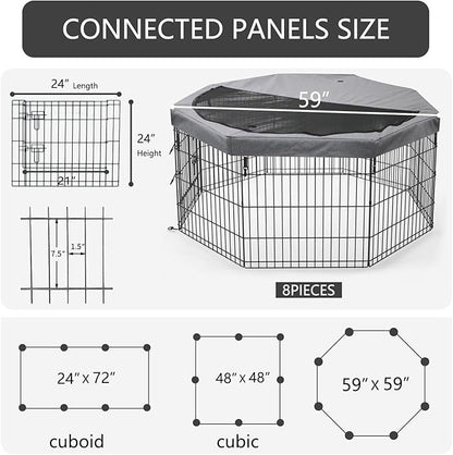 PETIME Foldable Metal Dog Exercise Pen/Pet Puppy Playpen Kennels Yard Fence Indoor/Outdoor 8 Panel 24" W x 24" H with Top Cover (with top Cover, 8 Panels 24" H)